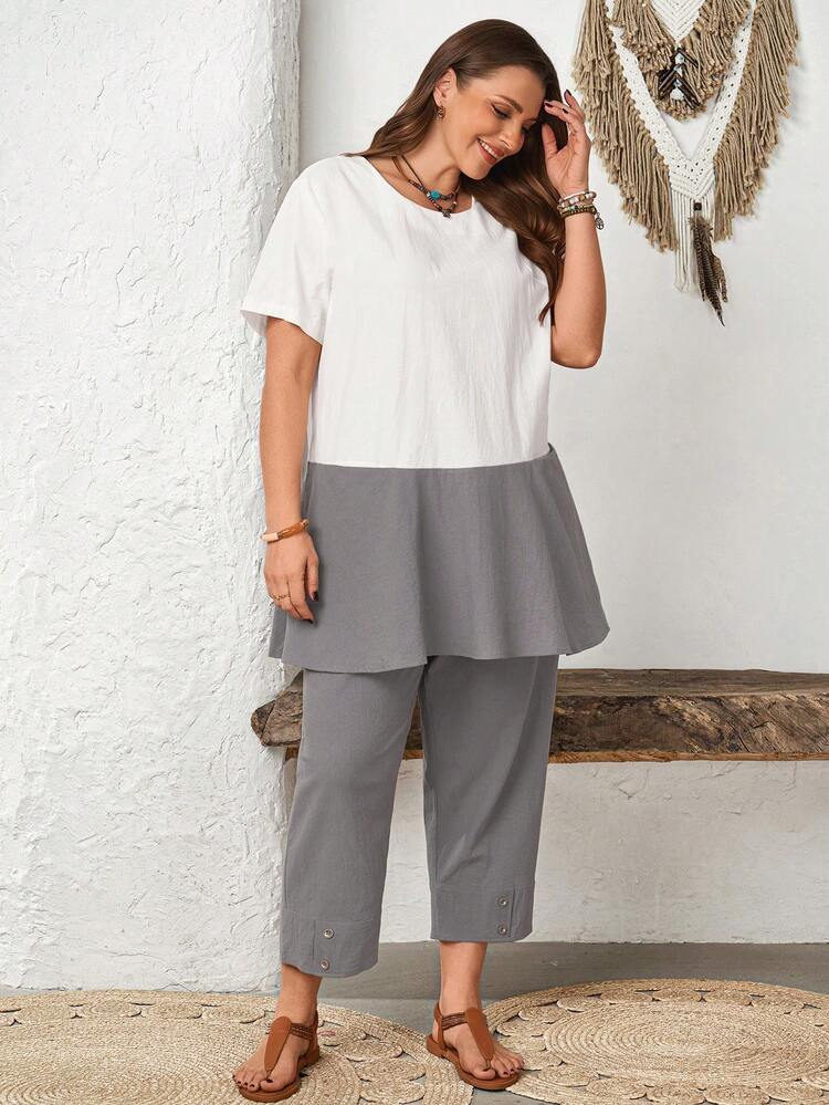 2pc Set  Plus Size Women's Summer Casual Vacation Country Round Neck Short Sleeve Patchwork Contrast Color Pocket Shirt And 3/4 Pants 2 Piece Set, Spring/Summer,Summer\Vacation,Summer Holiday,Spring Break Outfits ,Vacation Outfits Women ,Holiday Outfits For Women,Going Out Outfits,2026 New Clothes,Simple And Fashionable For Everyday Wear,Suitable For Summer, Vacation, Daily Wear,Modest Two Piece Set, Plus Size Summer Sets,Plus Size Pants Set,Boho Set,Boho Pants Set For Women,2 Piece Casual Sets Woman, Short Sleeve Two Piece Set,Two Piece Set Women Comfy