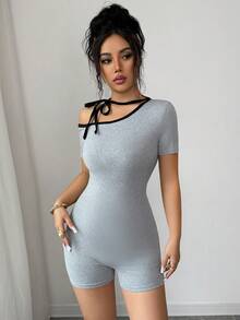 SHEIN Elenzya Bộ jumpsuit nữ thanh lịch, thoải mái, cổ xéo, thắt dây, thích hợp cho mùa xuân/hè. - Xám - Xem 9