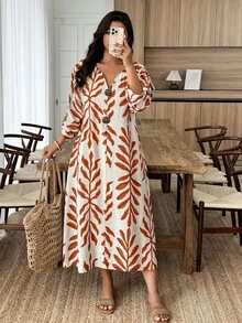 SHEIN Holidaya Đầm nữ cỡ lớn 1 mảnh, chất liệu giả vải lanh, in họa tiết hoa, dáng rộng, thoải mái, trang trí cúc giả gỗ, thích hợp cho mùa xuân/hè, mặc ở nhà hoặc đi làm. - Nhiều màu - Xem 5