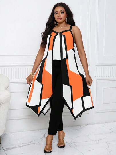 Villa Velisse Plus Size Women Asymmetrical Hem Geometric Print Cami Top, Casual Sexy Vacation Elegant Design