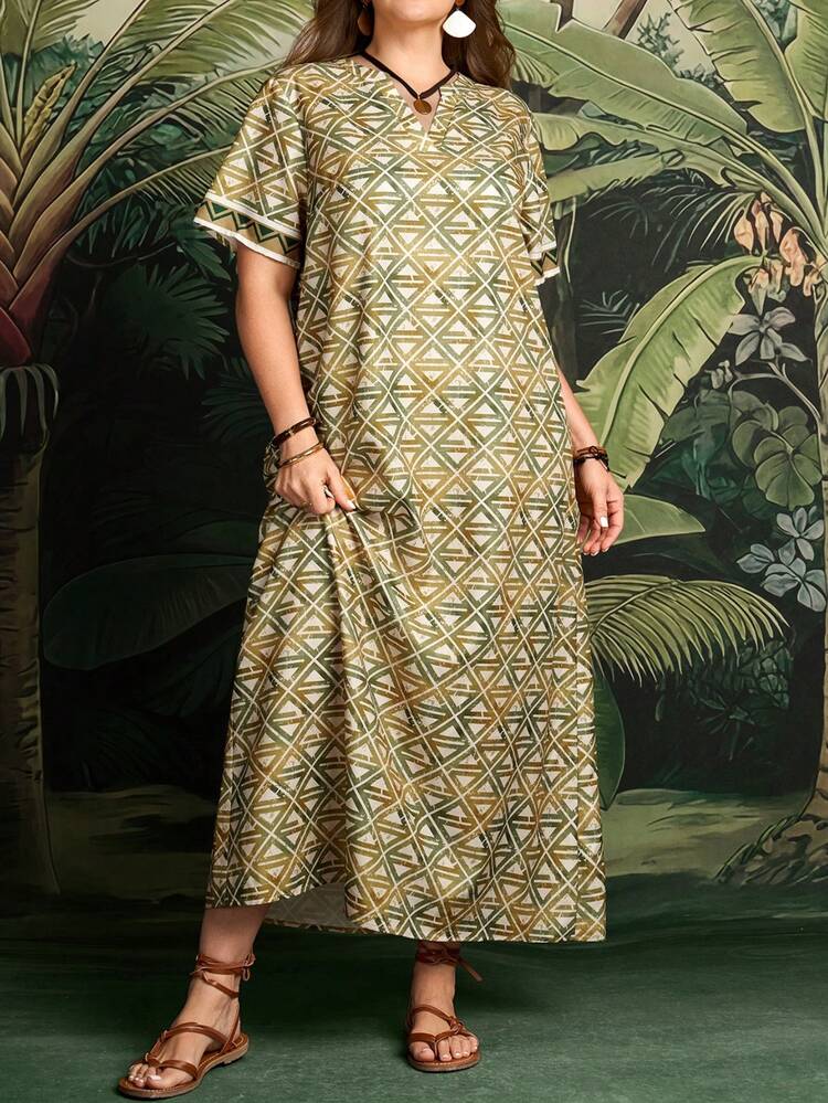 Plus Size Women's Summer Vacation Style Allover Print Cutout Neck Loose Dress, Belt Not Included Summer Outfits Beach Vacation Outfits For Women Floral Dress BOHO Clothes Women's Summer Dresses Long Casual Dress Women Casual Dresses Printed Summer Dress Summer Outfits For Women Beach Outfit For Women Casual Vacation Outfits Women Country Concert Outfit Peplum