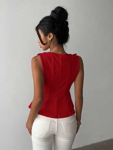 Aloruh 女士优雅简约无袖通勤衬衫 - 紅色 - 查看 2