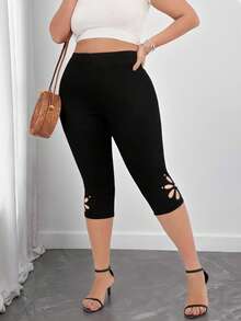 Elenzga Quần legging lửng cạp cao màu trơn họa tiết hoa khoét rỗng dành cho nữ cỡ lớn. - màu đen - Xem 5