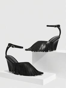 CUCCOO SZL 女士优雅时尚高跟凉鞋，饰有流苏和搭扣设计 - 黑色 - 查看 2
