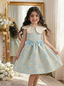 1件女童夏季新款花卉领提花织锦面料优雅蝴蝶结设计公主裙，适合派对、生日、休闲穿着。 - 藍色 - 查看 4