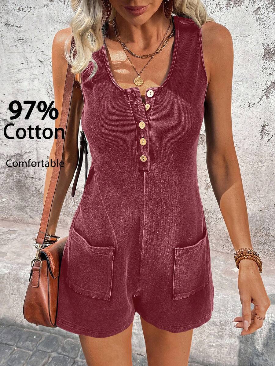 SHEIN LUNE 女士休闲水洗面料音乐节春夏日常基础款连体裤，带口袋，女士上衣，休闲棉质女装，女士棉质连体裤，女士休闲连体裤 - 酒紅色 - 查看 1