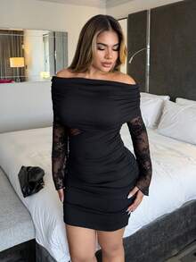 Maria Perezxox 女士性感露肩小黑裙，蕾丝镂空长袖设计，褶皱修身派对连衣裙 - 黑色 - 查看 4