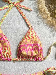 SHEIN Swim Pink Summer Boho Vacation Holiday Plus Size Bikini Set,Positioning Print Tie-Up Halter Neck Brazilian Swimwear Tummy Control Bathing Suits - Multicolor - View 5