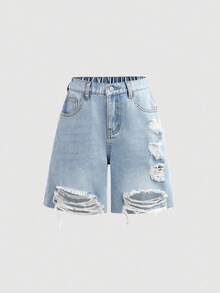 Girlism Quần short denim dài dáng rộng, cạp cao, màu sáng, bạc màu, viền thô, thời trang Y2K cho bé gái, thích hợp cho thể thao ngoài trời, mùa xuân và hè, phong cách Boho, mùa vintage//bãi biển/lễ tốt nghiệp thanh lịch, bộ jumpsuit thường ngày, kỳ nghỉ hè, mùa xuân, bãi biển, kỳ nghỉ, ngày lễ tình nhân, kỳ nghỉ hè, kỳ nghỉ biển. - Rửa nhẹ - Xem 2