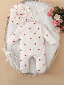 SHEIN 新生女宝宝，小号，适合春、夏、秋、冬四季穿着。浅米色条纹，甜美可爱。舒适宽松的前拉链设计。袖口和下摆饰有荷叶边。连体裤，袖子和脚踝一体式设计。配有婴儿帽。两件套。适合各种场合，如派对、婚礼、生日、中秋节等。 - 米色 - 查看 2