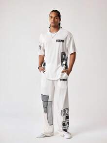 Tetris™ X SHEIN 男士休闲几何印花T恤和裤子套装，夏季 - 米色 - 查看 1