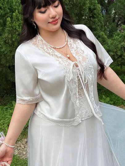 Comfortcana Áo khoác cardigan ngắn tay bằng satin ren cỡ lớn, thích hợp cho mùa hè.