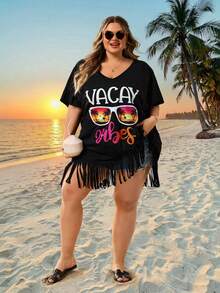 SHEIN CURVE+ Curve 尺码 US22 音乐节、海滨度假、波西米亚风女士 V 领印花宽松沙滩罩衫，适合夏季海滩度假 - 黑色 - 查看 7