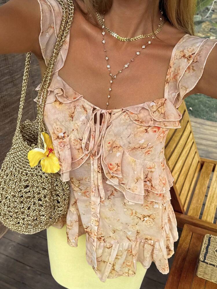 Yellow Floral Print Ruffle Hem Vacation Tank Top For Women, Suitable For Beach, Holiday, Party, Summer Babydoll Top Boho