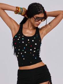 ROMWE Y2K Blusa casual versátil con decoración de botones para mujer - Negro - Ver 7