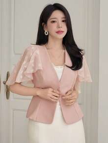 DAZY Women's Elegant Lace Patchwork V-Neck Ruffle Sleeve Blazer Jacket, Summer - Pink - View 3