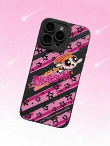 THE POWERPUFF GIRLS X SHEIN 飞天小女警花花手机壳，黑色软TPU保护套，磨砂质感，保护摄像头镜头，粉色条纹星星涂鸦印花，可爱卡通人物设计，防震保护套，日常使用及生日礼物，适合女孩和卡通迷，兼容iPhone 11/12/13/14/15/16/17 Pro Max，手机配件，快速发货 - 黑色 - 查看 3