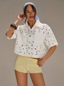 Athîral Women's Hollow Embroidered Short Sleeve Single-Breasted Pocket Denim Blouse - White - View 1