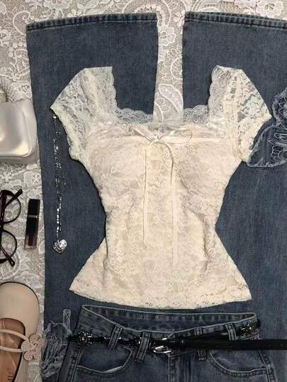 Glimmora Women's Elegant Solid Color Lace Blouse With Bow Decor, Summer