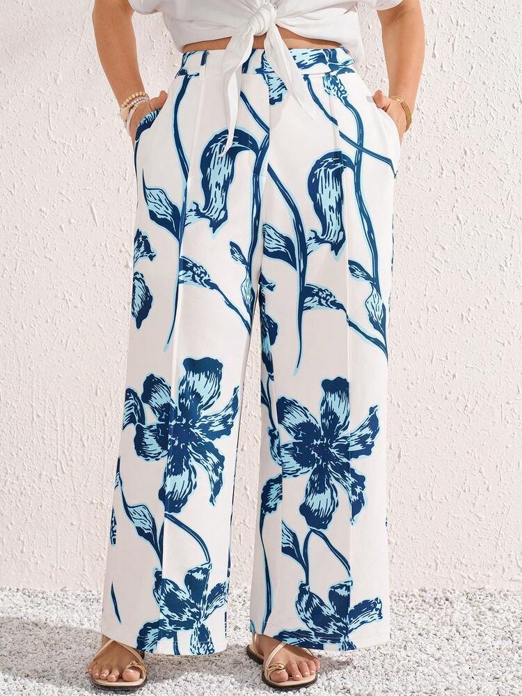 Plus Size Women's Spring/Summer Casual Vacation Country Floral Print Casual Loose Fit Pocket Pants, Versatile For Daily Wear,Spring/Summer,Summer\Vacation,Summer Holiday,Spring Break Outfits ,Vacation Outfits Women ,Holiday Outfits For Women,Going Out Outfits,2026 New Clothes,Simple And Fashionable For Everyday Wear,Suitable For Summer, Vacation, Daily Wear,Suitable For Summer, Vacation, Daily Wear, Wide Leg Pants Woman High Waist