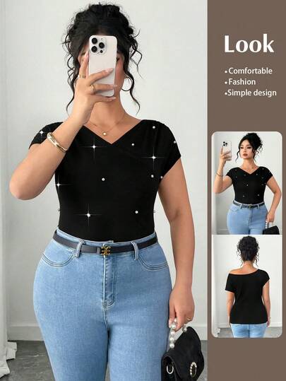Elenzga Camiseta elegante y estilizadora de cuello en V asimétrico con cuentas, talla grande