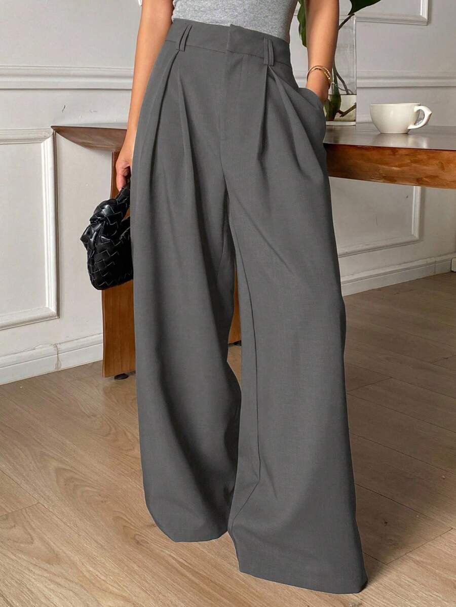 DAZY Women's Pleated Wide Leg Pants, Loose Solid Color Elegant Trousers For Spring & Autumn - Light Grey - View 1