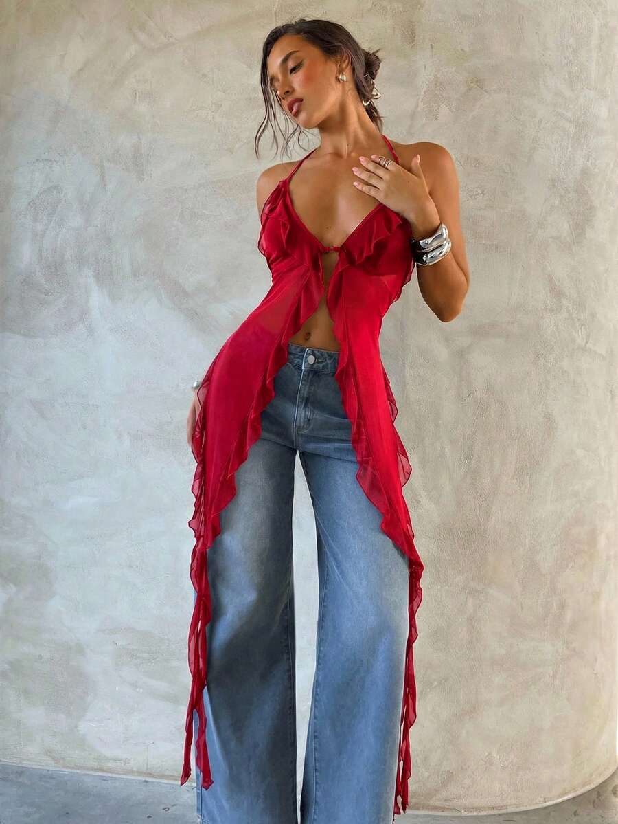 Aloruh Áo kiểu chiffon cổ yếm gợi cảm dành cho nữ - Đỏ - Xem 1
