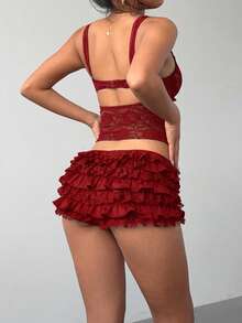 Aloruh Women's New Sexy Lace Solid Black Ruffle Hem Low Waist Shorts Hotpants - Red - View 2