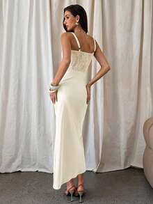 Aloruh Đầm nữ màu xanh ô liu phối ren và satin, thích hợp dự tiệc hoặc hẹn hò, dành cho mùa thu/đông. - Màu be - Xem 2