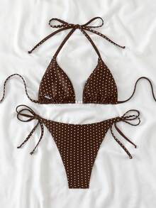 Swim Basics 女士性感两件套波点随机印花挂脖系带珍珠装饰比基尼套装，夏季 - 咖啡棕 - 查看 2