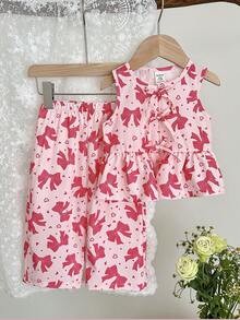 LMoss Kids Bộ đồ 2 món LMoss cho bé gái, gồm áo cổ tròn kẻ sọc trang trí nơ và quần legging, bộ đồ hai mảnh cho bé gái mùa hè, bộ đồ 2 mảnh màu hồng in hình nơ. - Nhiều màu - Xem 1