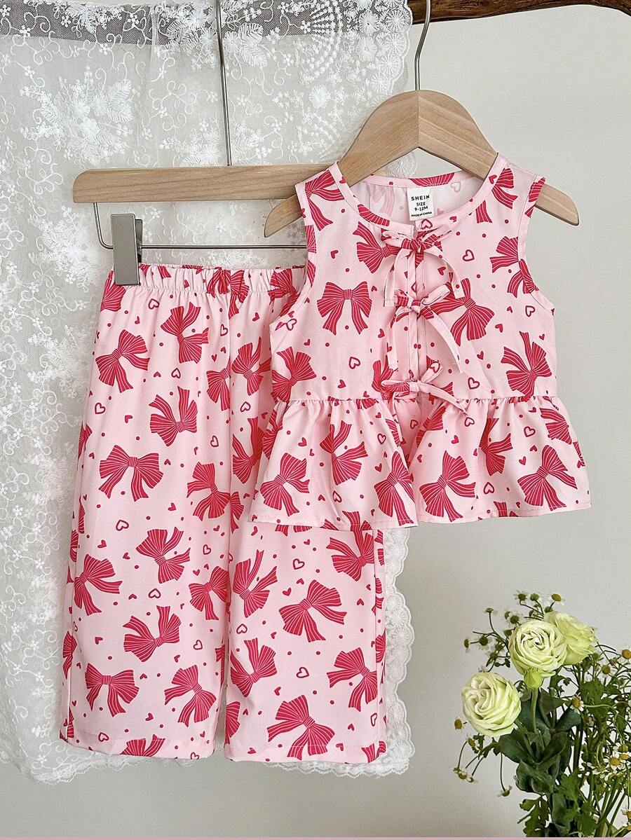 LMoss Kids Bộ đồ 2 món LMoss cho bé gái, gồm áo cổ tròn kẻ sọc trang trí nơ và quần legging, bộ đồ hai mảnh cho bé gái mùa hè, bộ đồ 2 mảnh màu hồng in hình nơ. - Nhiều màu - Xem 1