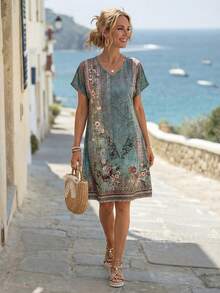 EMERY ROSE 女式夏季几何图案印花短袖连衣裙 - 彩色 - 查看 3