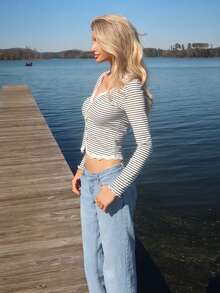 Sydney Algeri 女士条纹蕾丝荷叶边修身开衫，长袖 - 黑與白 - 查看 4