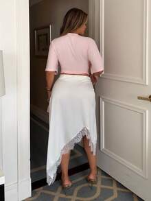 Maria Perezxox Women's Elegant Embroidered Contrast Lace Asymmetrical Skirt, Spring/Summer - Apricot - View 2