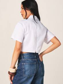 MISSGUIDED Áo sơ mi nữ tay ngắn màu trắng, cổ bẻ, cài cúc, kiểu dáng thường ngày, thích hợp mặc ngắn. - trắng - Xem 3