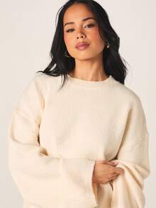MISSGUIDED Women's Oversized Crew Neck Long Sleeve Fuzzy Knit Sweater Cozy Winter Fall Casual Pullover - Light Yellow - View 5