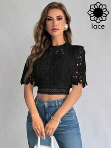 Firerie Camiseta de verano para mujer de encaje transparente con camisa, top de manga corta - Negro - Ver 2