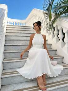 Firerie Vestido midi blanco con espalda descubierta y plisado sexy para vacaciones, sin mangas para el verano - Blanco - Ver 5