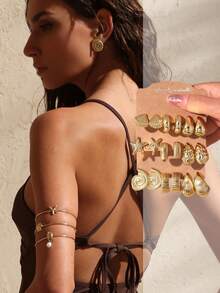 Swim Chiccia 6/18件套时尚新款海星、贝壳、光滑水滴和凹凸C形金耳环耳钉套装，适合夏季旅行和度假 - 金色 - 查看 2