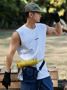 DAZY Men's Letter Print White Round Neck Tank Top, Summer - White - View 4