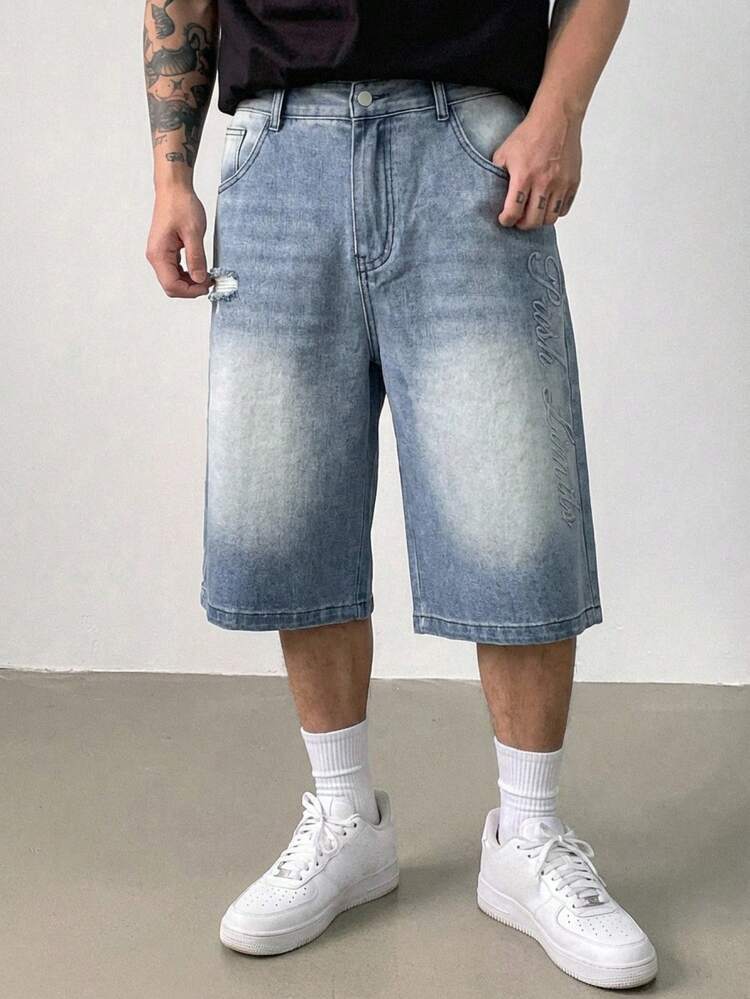 Men's Solid Color Washed Vintage Blue Denim Shorts, Summer