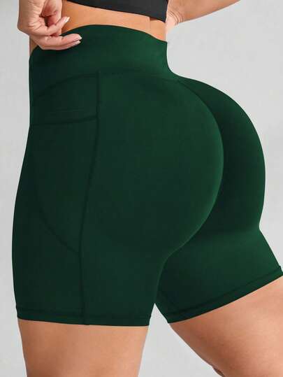 Rhythm Era Plus Size High Waist Yoga Shorts With Pockets, Butt Lifting Fitness Workout Shorts For Women