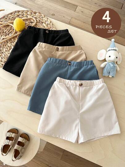 4pcs/Set Young Boy Casual School Style Solid Color Button Pocket Design Loose Shorts, Versatile For Outings, Vacation, Gatherings, School, Home, Suitable For Spring And Summer