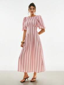 Poéselle 女款粉色條紋花瓣袖露背綁帶優雅浪漫洋裝，適合夏季度假、鄉村風休閒穿搭、週末穿著 - 粉色 - 查看 2