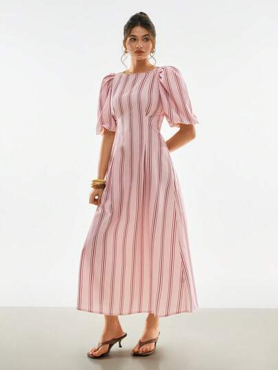 Poéselle Women's Striped Backless Tie Petal Sleeve Elegant Dress, Suitable For Vacation  ,Pink Dress,Vacation Dresses,Wedding Guest Dress,Elegant Dresses For Women, Casual Dresses For Women,Work Outfits For Women,Summer Dresses For Women ,Spring/Summer