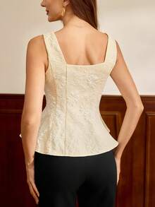 Vintamour 复古经典优雅女士衬衫，春夏修身金属花朵纽扣衬衫，米色无袖提花衬衫 - 米色 - 查看 2