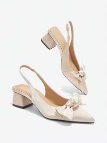 Eladyva Women's Bow Decor Chunky Heel Pointed Toe Slingback Pumps, Elegant Comfortable Daily Wear Versatile Outdoor, Commute, Party, Formal Occasion Shoes - Beige - View 10