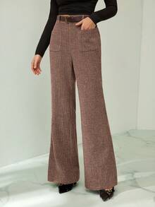 SHEIN Tall 女士格子双口袋休闲皮带复古裤 - 棕色 - 查看 9