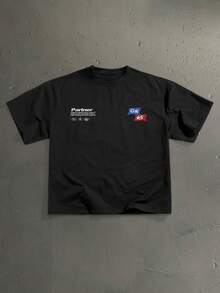 StoneGrade 复古美式赛车元素印花时尚黑色宽松短袖T恤，约会聚会必备，适合送给男友 - 黑色 - 查看 1